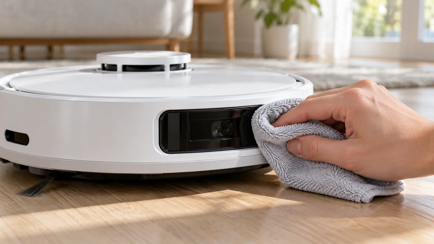 Hand wiping a robot vacuum front sensor window with a dry cloth