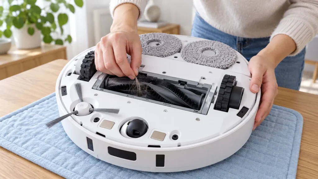 Stationary robot vacuum underside with hair around the main brush