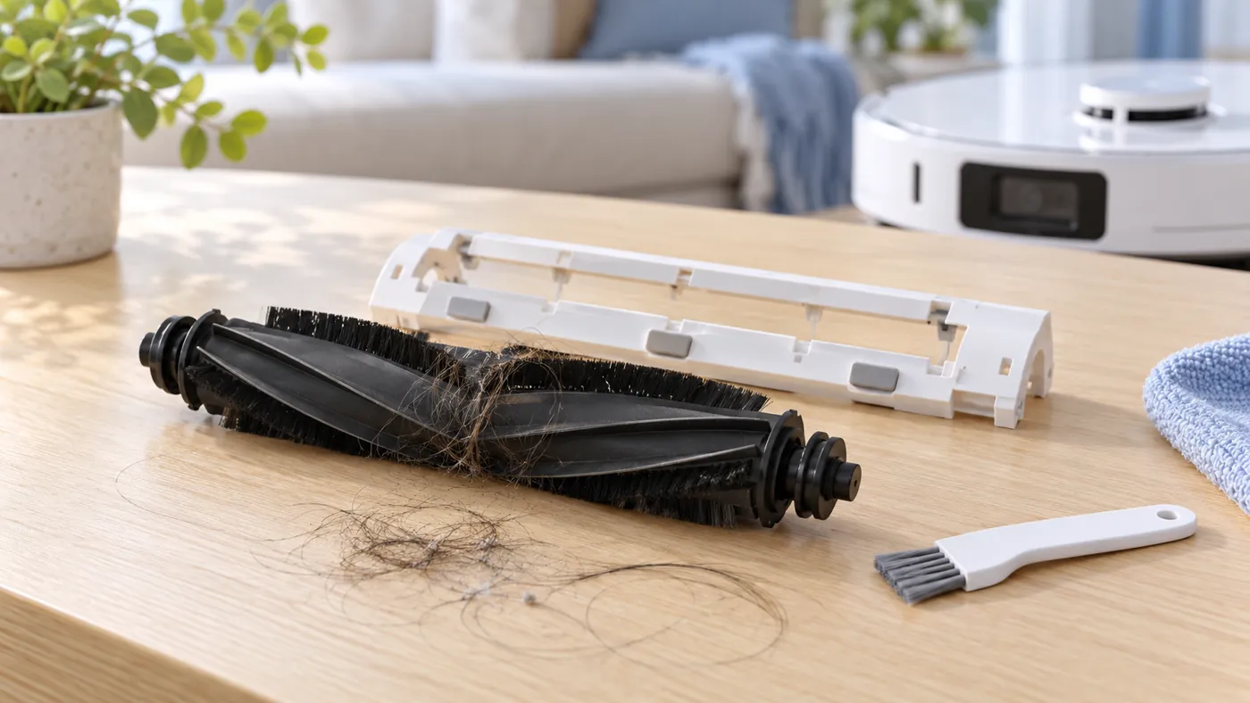 Removed roller brush and guard beside tangled hair