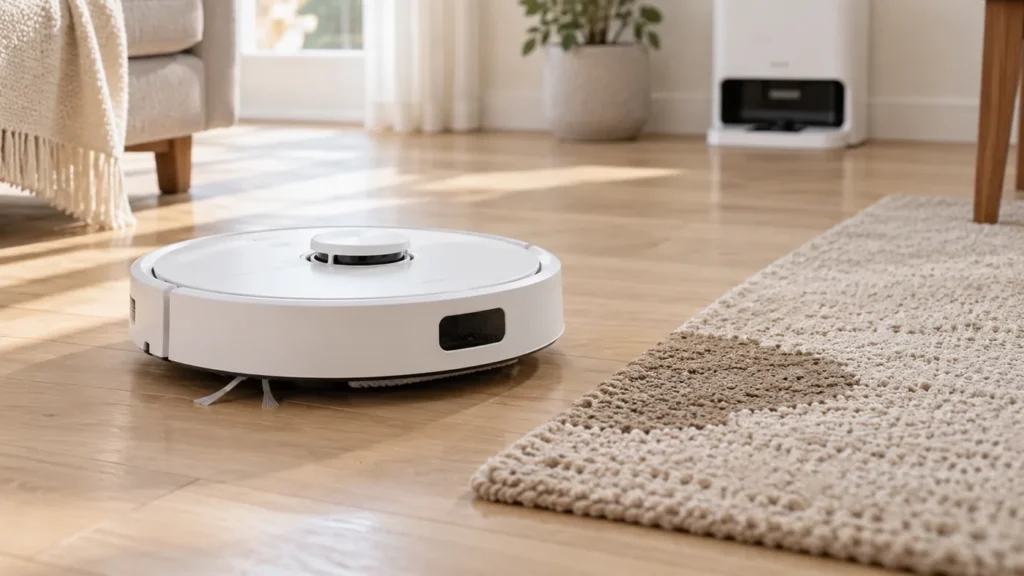 Robot vacuum beside the edge of a textured rug and hard floor