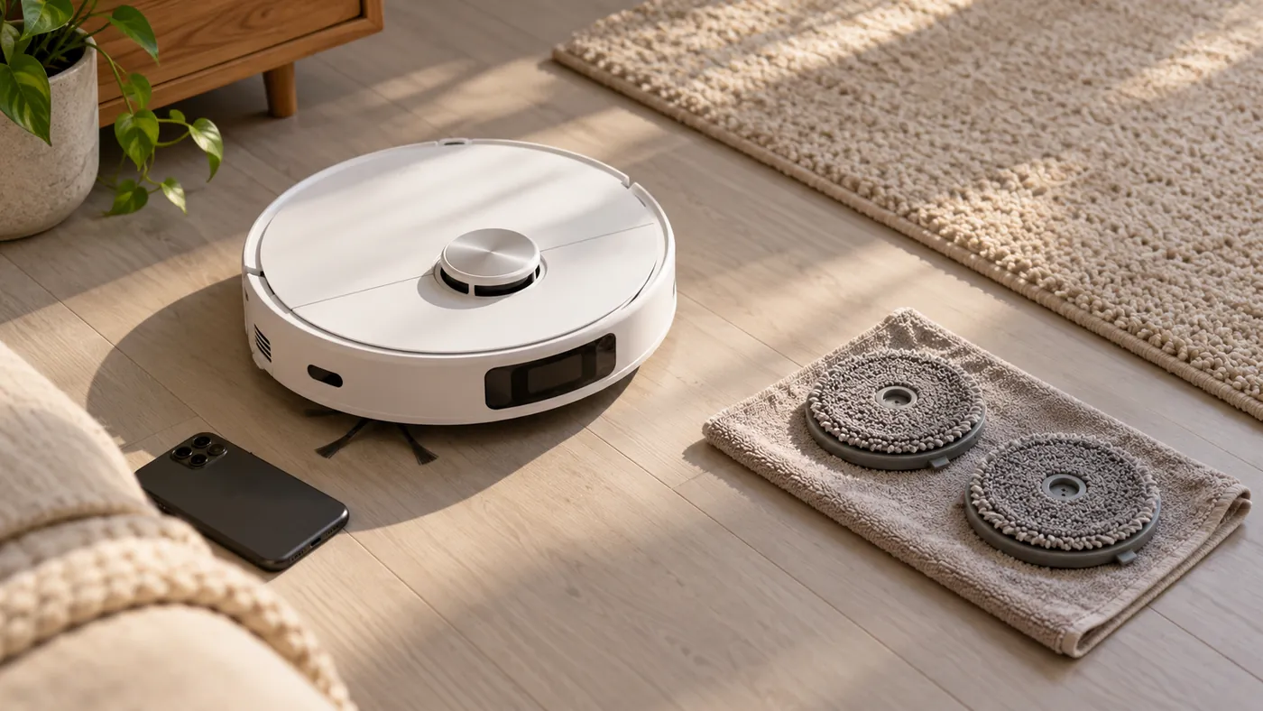 Detached mop pads beside a robot vacuum kept on hard floor away from a rug