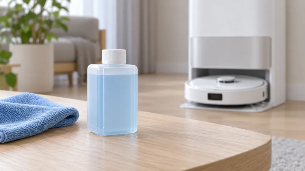 Plain cleaner bottle beside a dry cloth and robot vacuum station