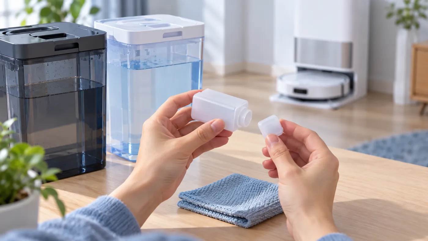 Hands inspecting a cleaner bottle and cap beside removable tanks
