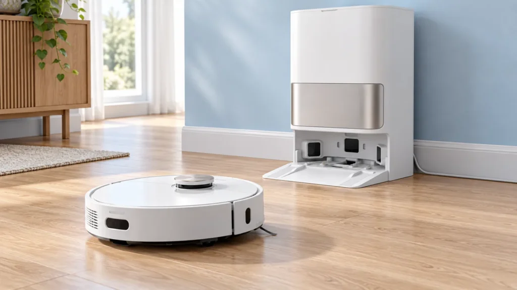 Illustrative robot vacuum approaching a station on a clear dry floor