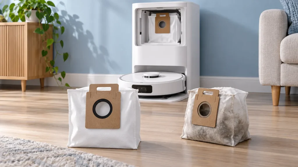 Illustrative robot vacuum station with fresh and used dust collection bags