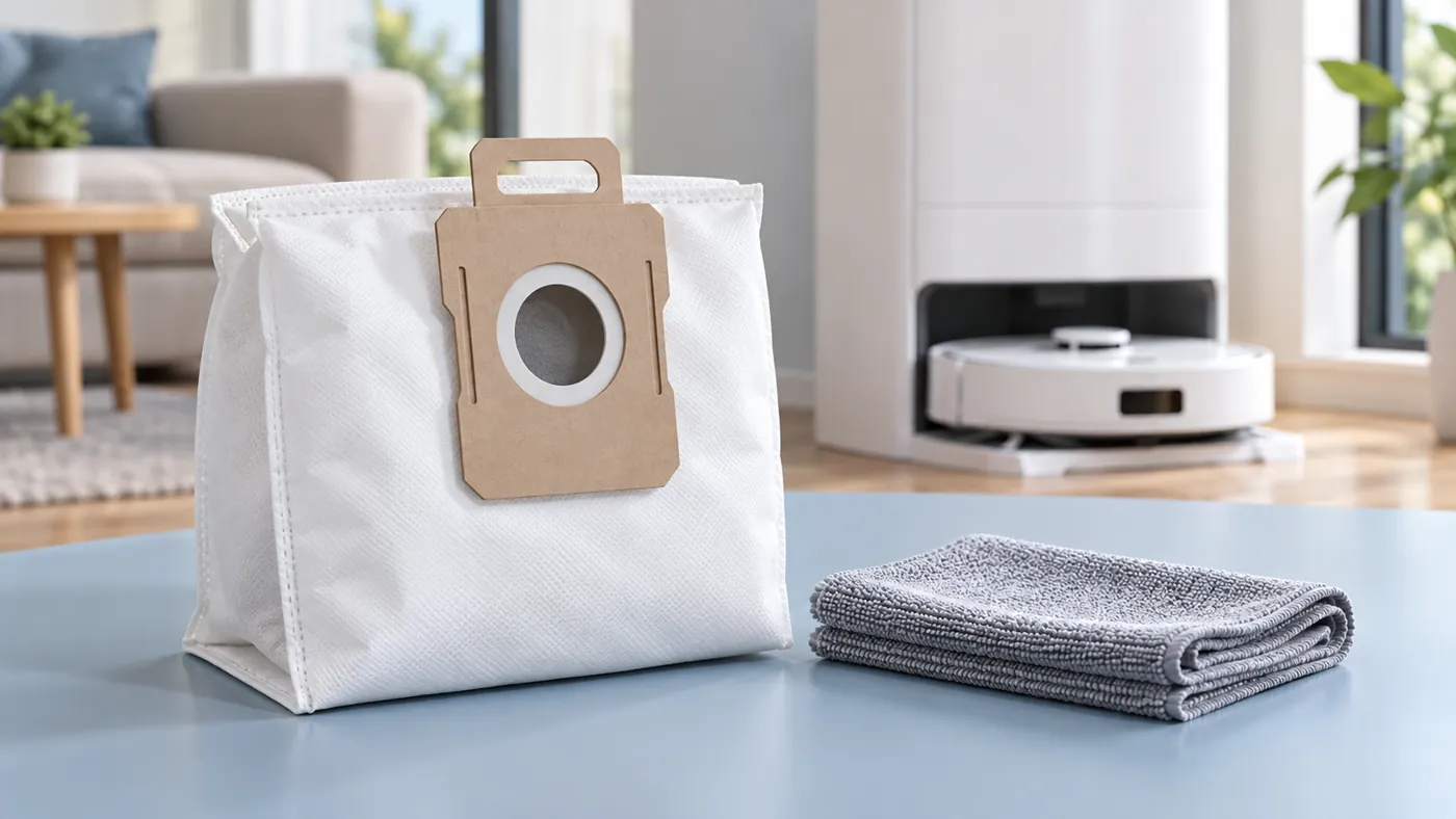 Illustrative fresh dust collection bag and dry microfiber cloth