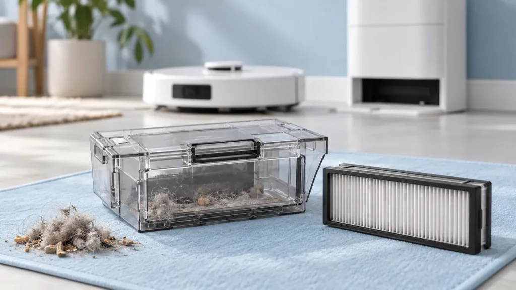 Illustrative robot vacuum dust container and separate pleated filter
