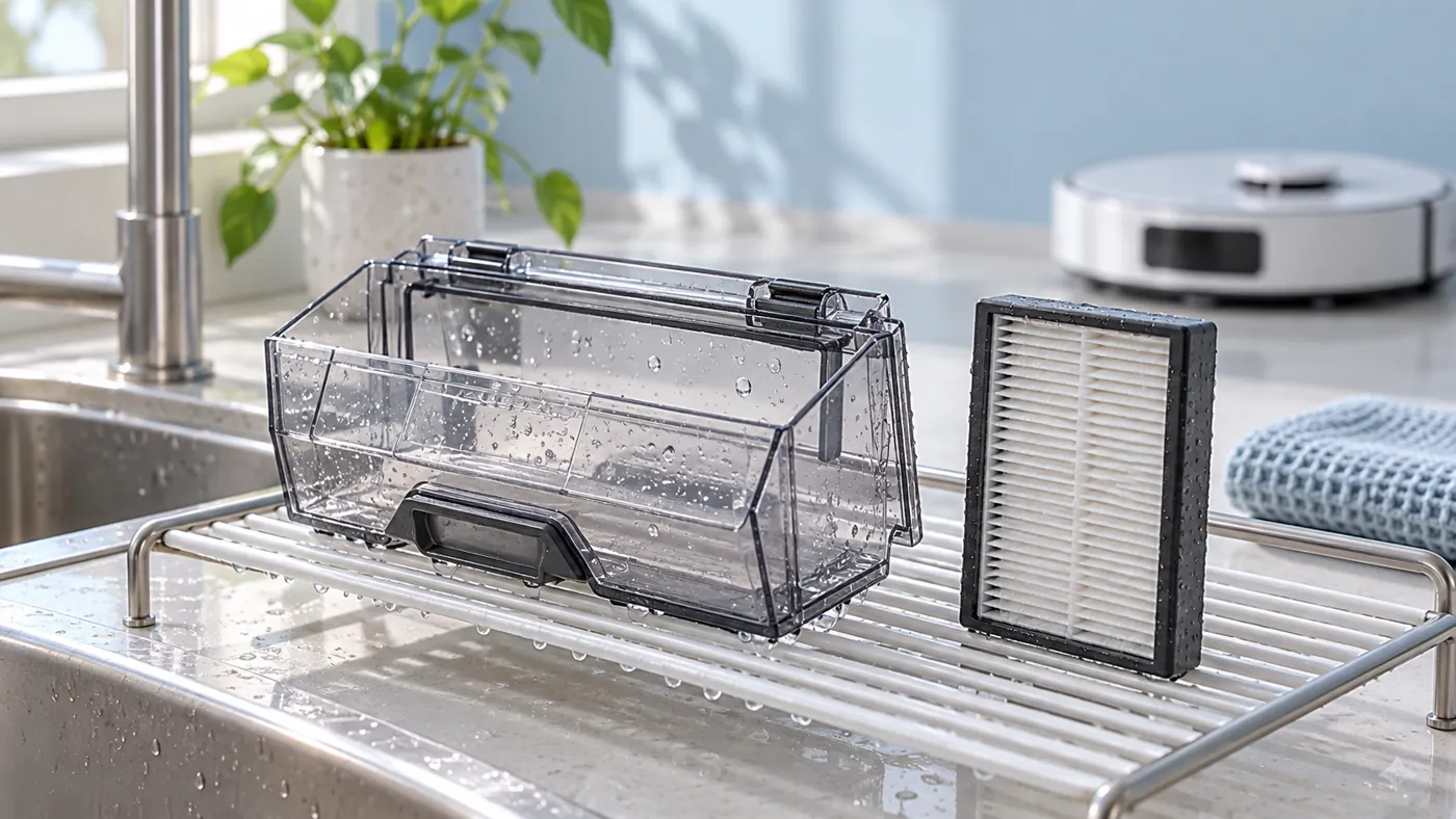 Illustrative rinsed dust container and filter set apart to air dry