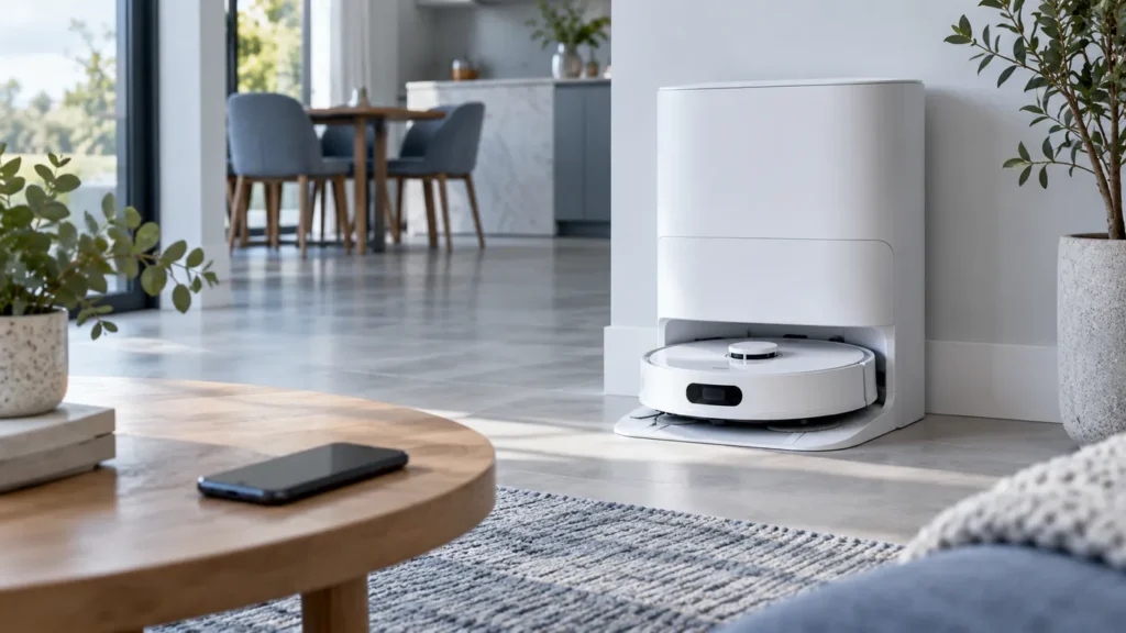 Robot vacuum charging at its station beside a smartphone