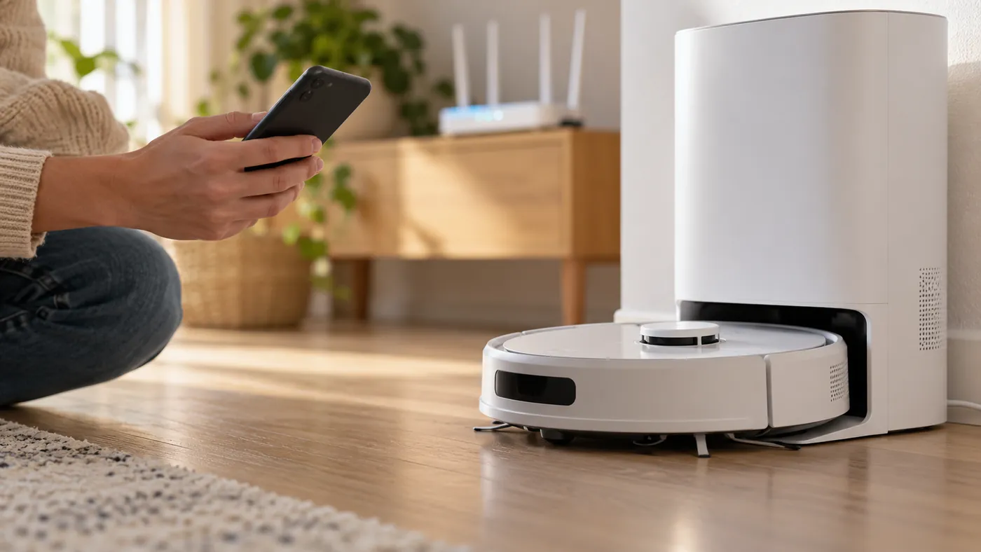Hand checking a smartphone beside a docked robot vacuum