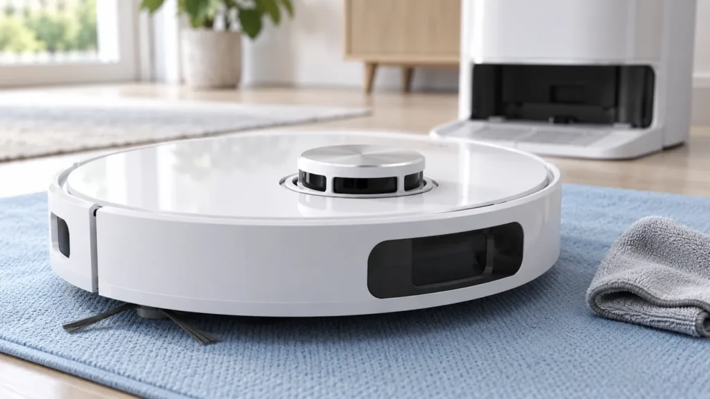 Illustrative robot vacuum lidar turret and dry microfiber cloth