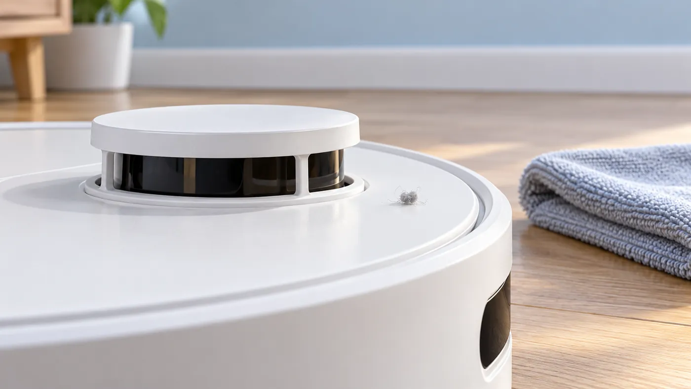 Illustrative lidar sensor exterior with a loose lint speck