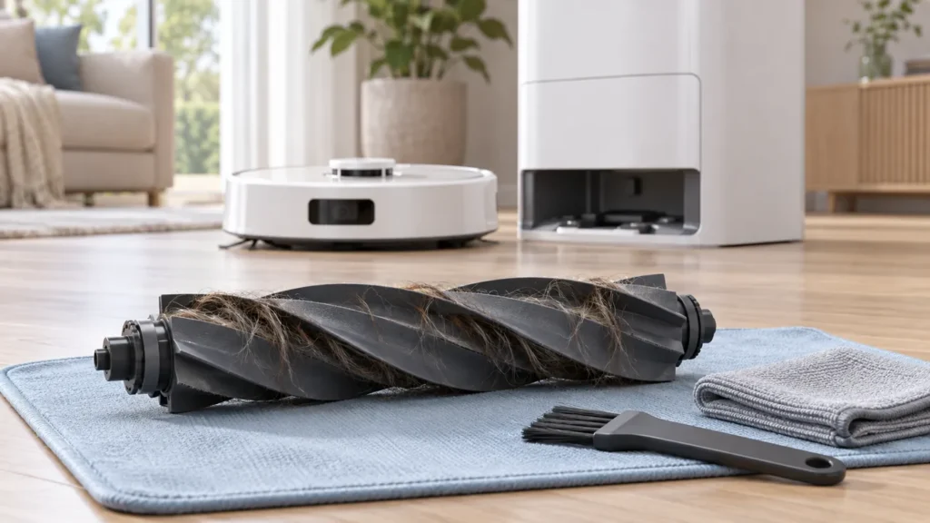 Illustrative robot vacuum main brush with tangled hair and cleaning tools