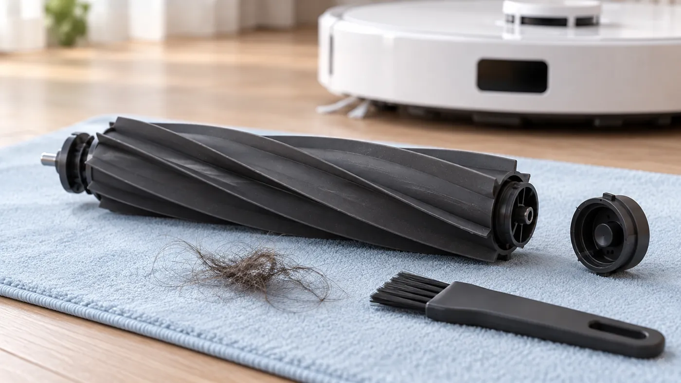 Illustrative clean roller, removable end cover and removed hair