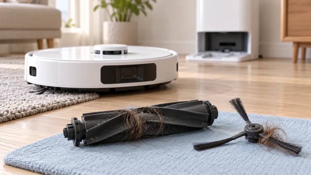 Illustrative robot vacuum roller and side brush with tangled hair