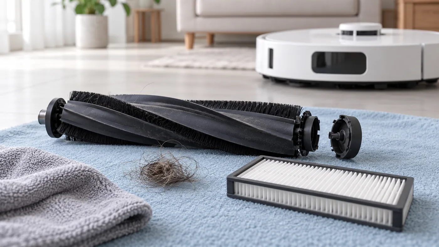 Illustrative roller brush ends, filter and removed hair for noise checks