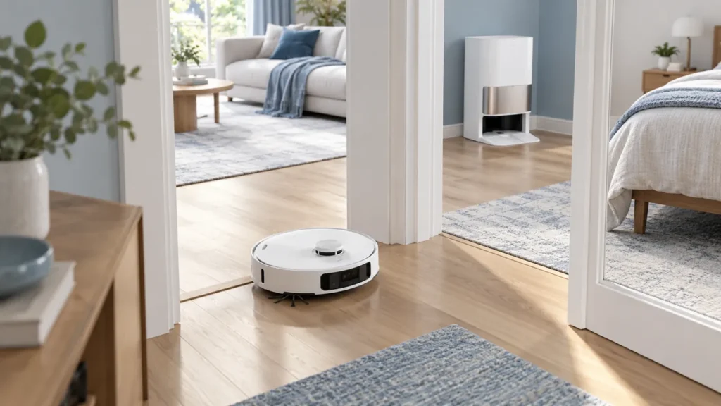 Robot vacuum near an open doorway between rooms