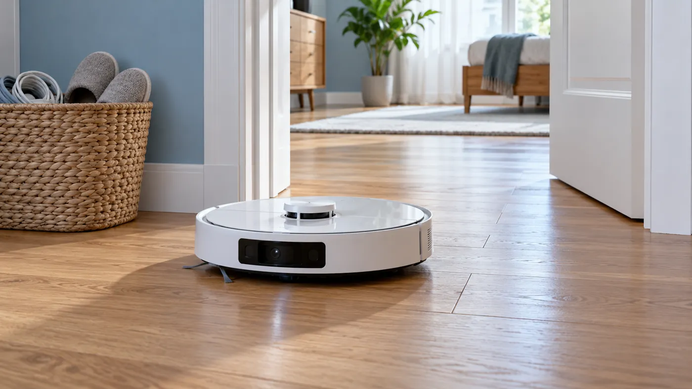 Clear doorway with cables and slippers gathered away from a robot vacuum