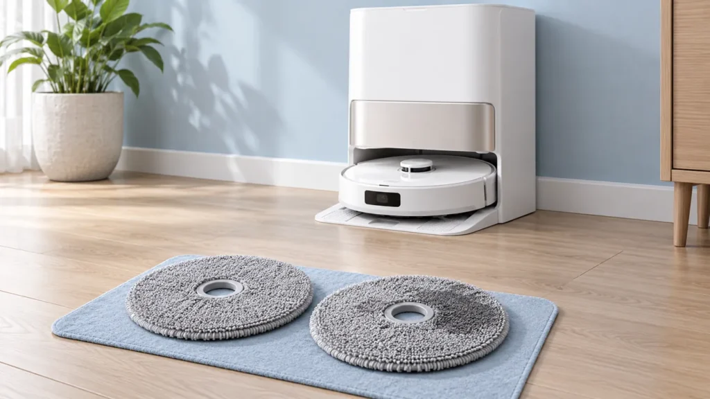 Illustrative docked robot vacuum and damp microfiber mop pads