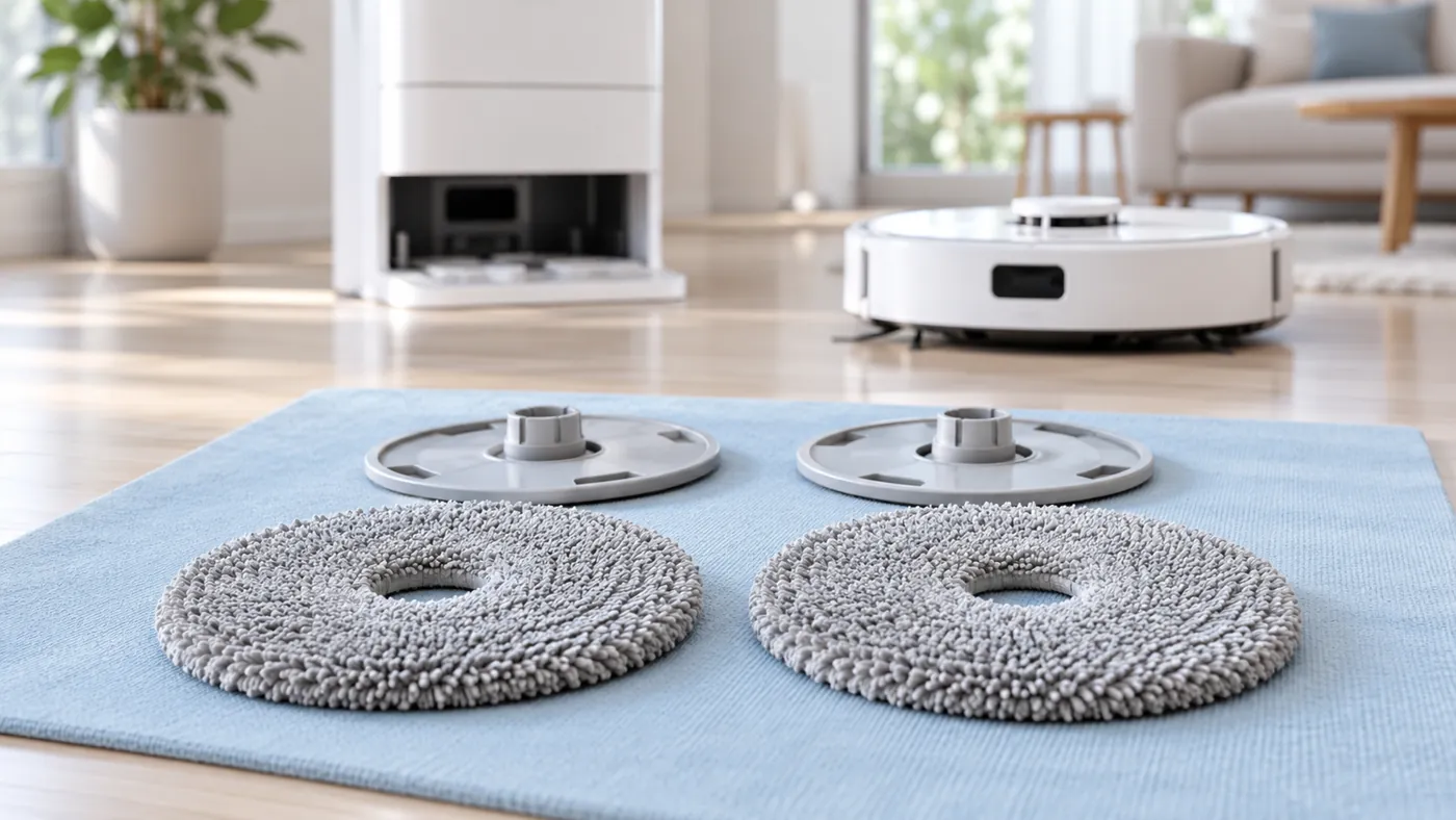 Illustrative mop pads and holders set apart for inspection