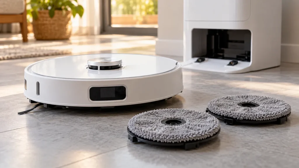 Robot vacuum beside two detached round mop pads and their holders