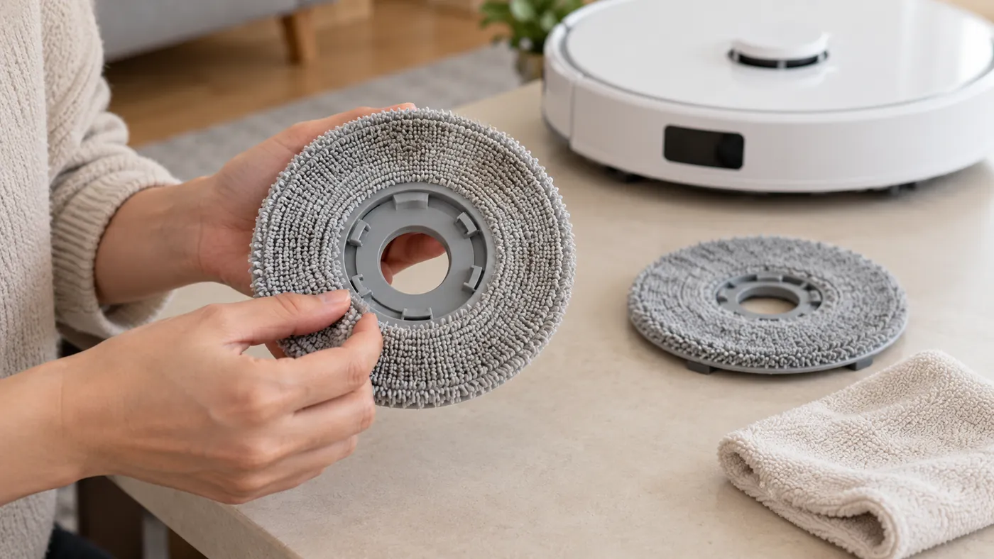 Hands inspecting a detached mop pad holder beside a dry cloth