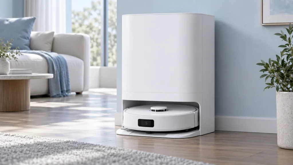 White robot vacuum seated at a cleaning station