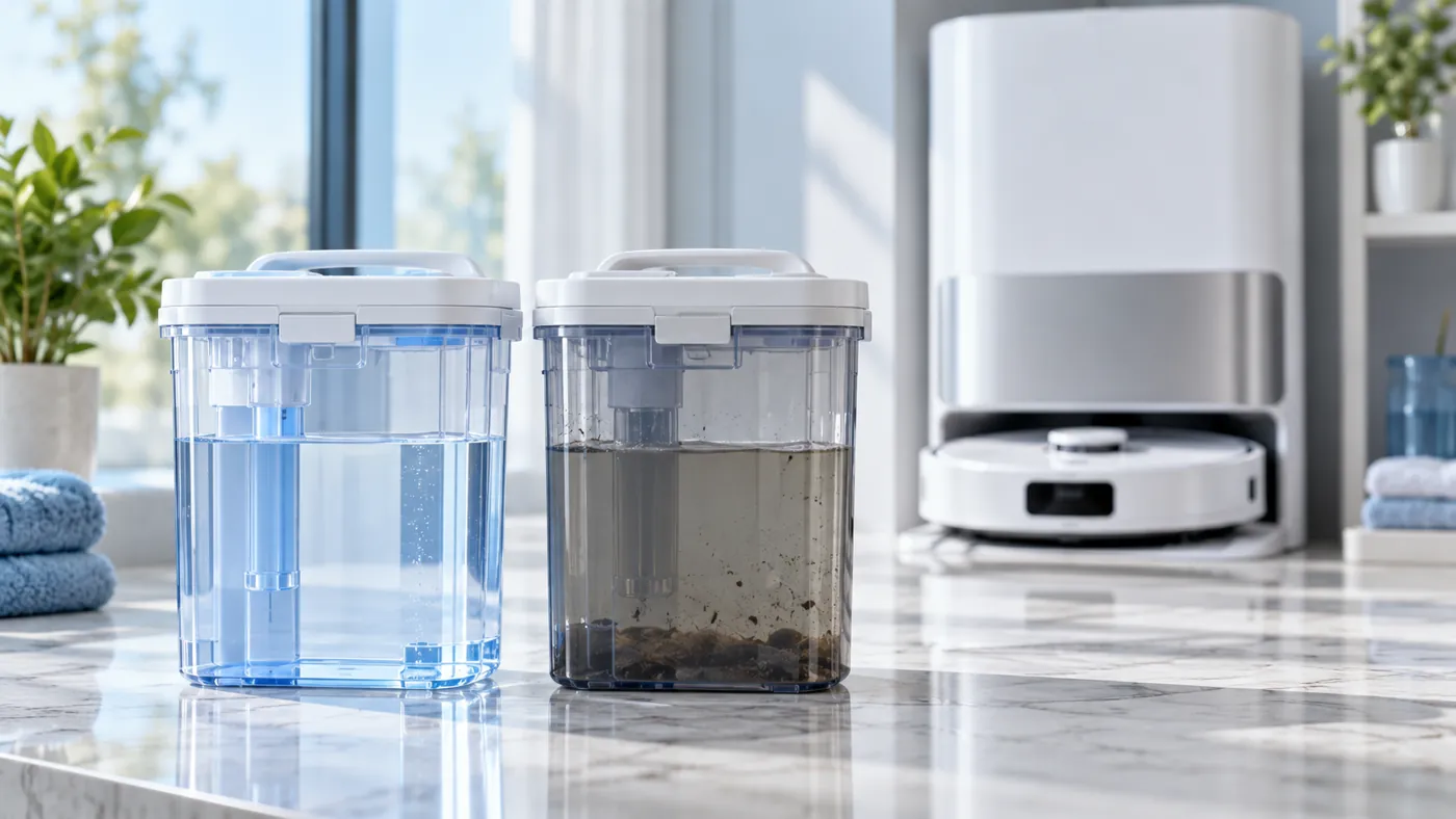 Clean and used water tanks beside a robot vacuum station