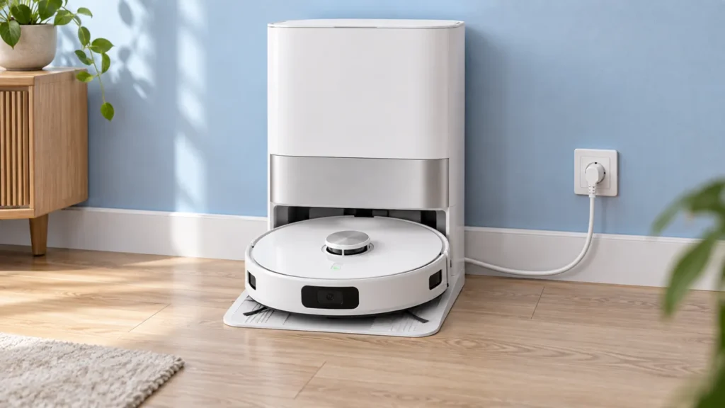 Illustrative robot vacuum aligned with a powered charging station