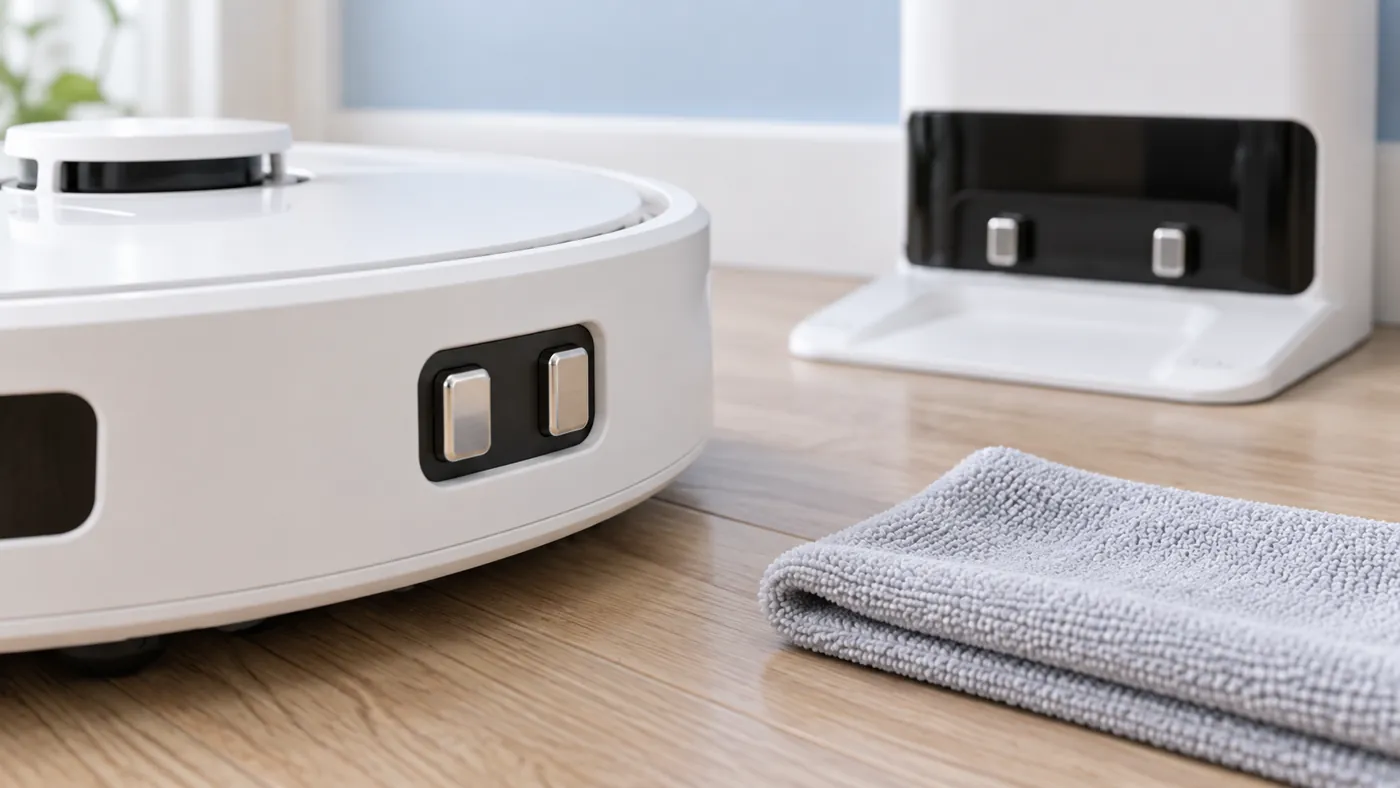Illustrative robot and station charging contacts with a dry microfiber cloth