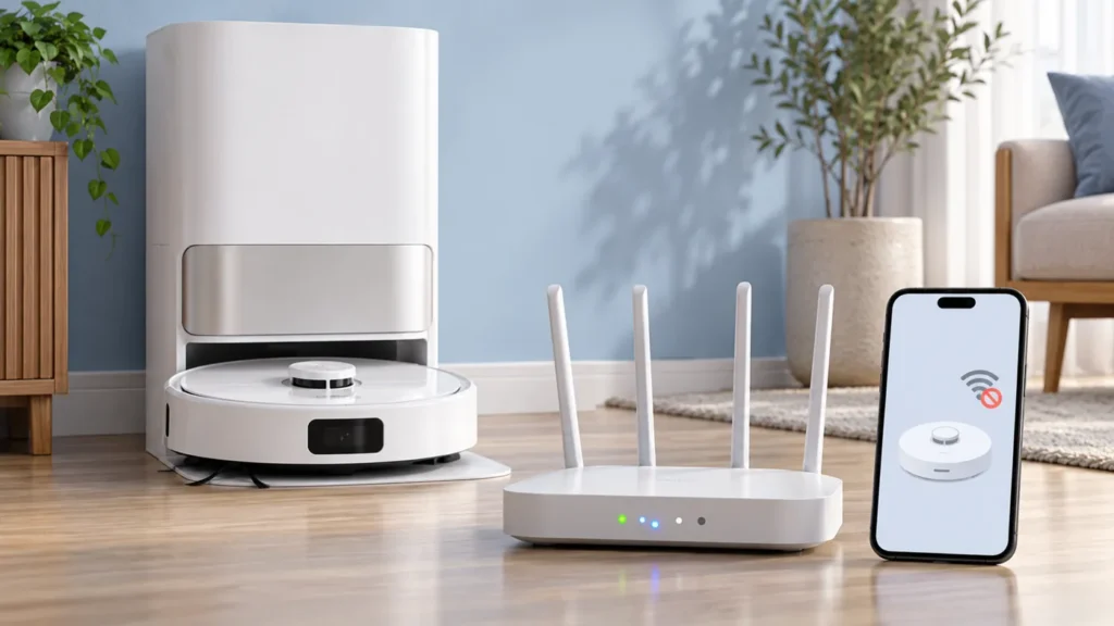 Illustrative robot vacuum, Wi-Fi router and disconnected device symbol