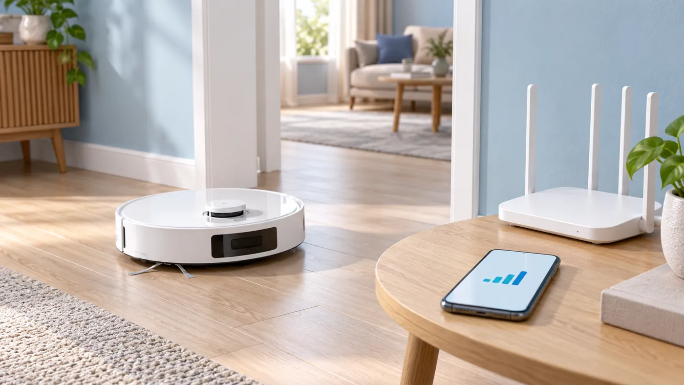 Illustrative robot vacuum near a doorway with a router and signal symbol