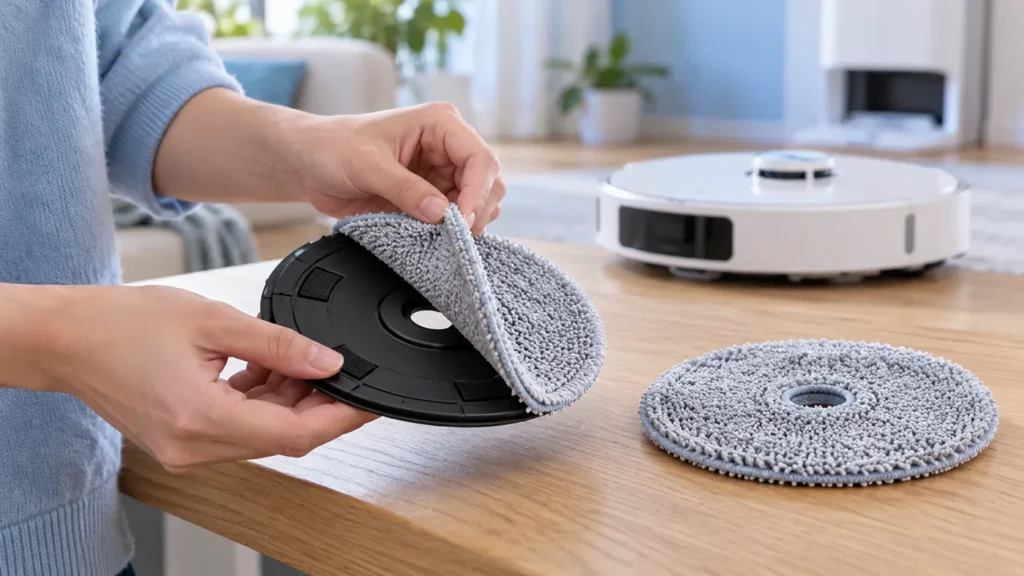 Hand removing a fabric mop pad from a circular holder