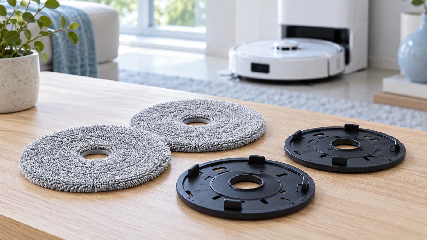 Two fabric mop pads beside circular plastic holders