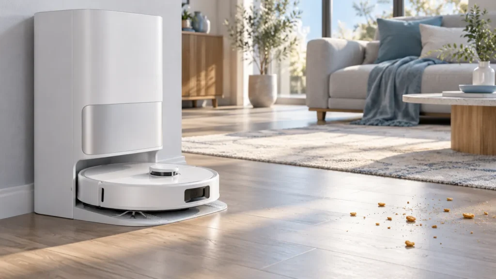 Illustrative white robot vacuum charging at a dock beside an unfinished cleaning area