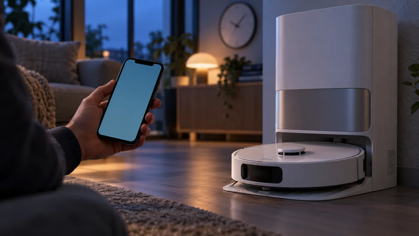 Phone beside a docked robot vacuum during an evening cleaning pause