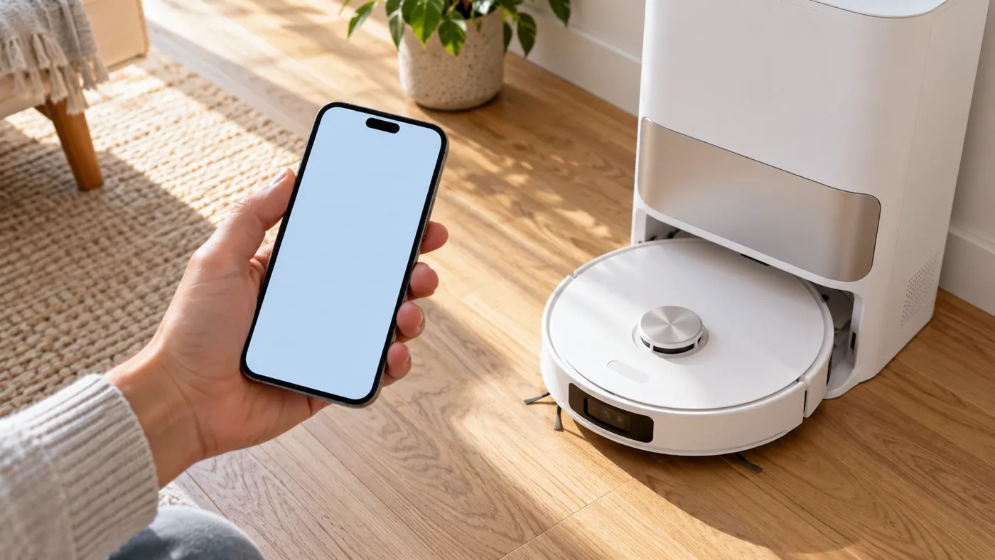 Phone held beside a robot vacuum at its station