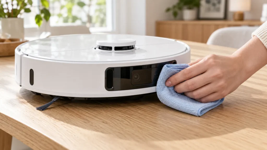 Soft dry cloth wiping a robot vacuum front sensor window