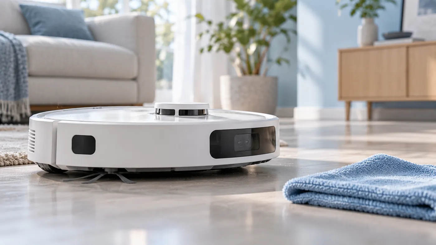 Robot vacuum exterior sensor windows beside a dry microfiber cloth