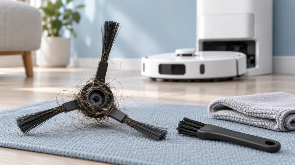 Illustrative removable side brush with tangled hair and cleaning tools
