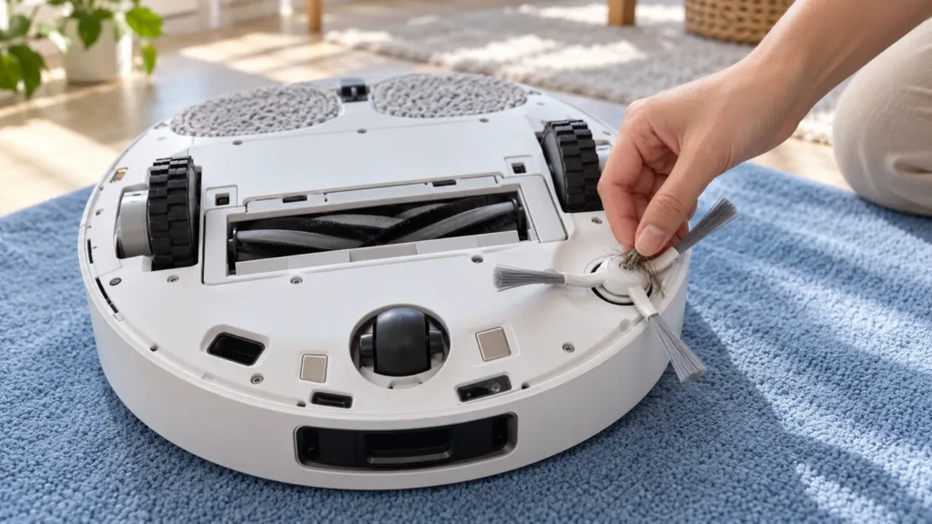 Hair being inspected around a stationary robot vacuum side brush