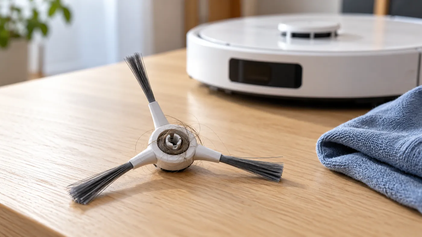 Removed three-arm side brush with hair around its hub