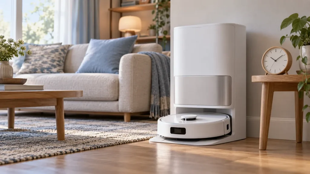 Docked robot vacuum with an analog clock nearby
