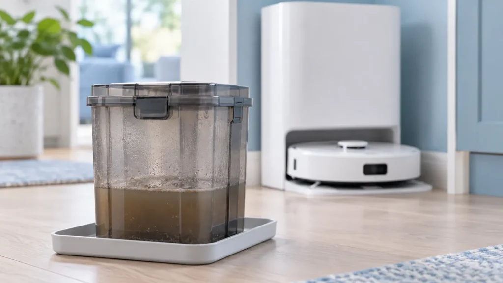 Used-water tank on a tray beside a docked robot vacuum