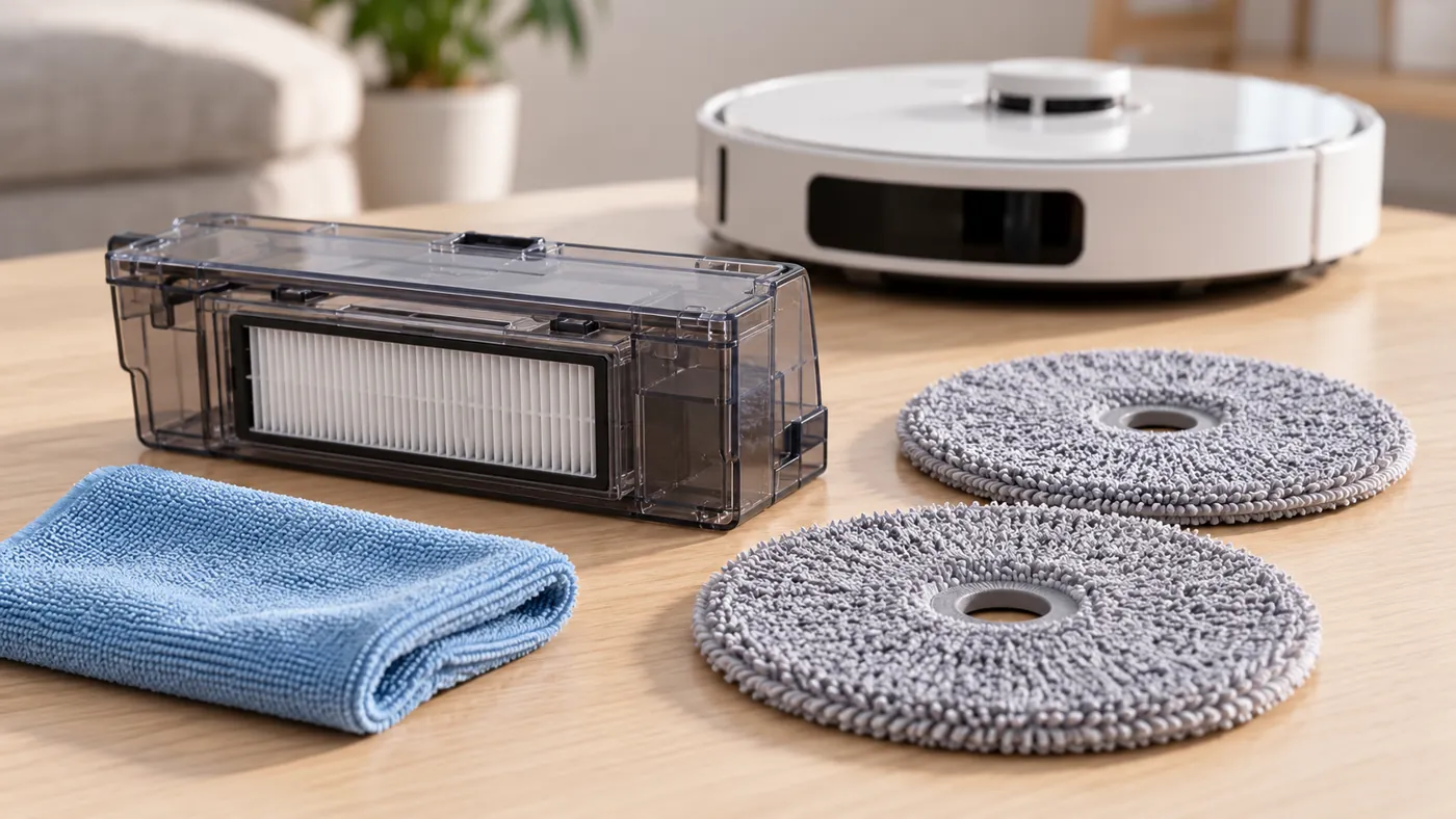 Dust bin and mop pads arranged separately for maintenance
