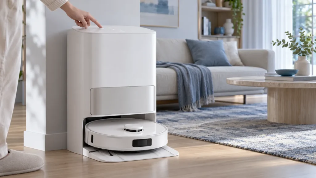 Hand pressing a control on a robot vacuum station