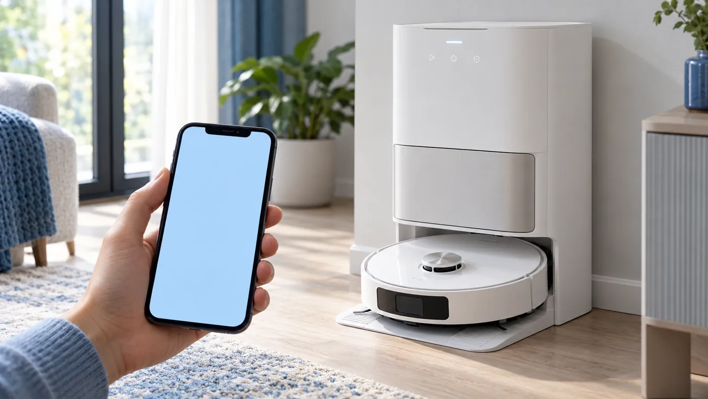 Phone held beside a docked robot vacuum and station controls