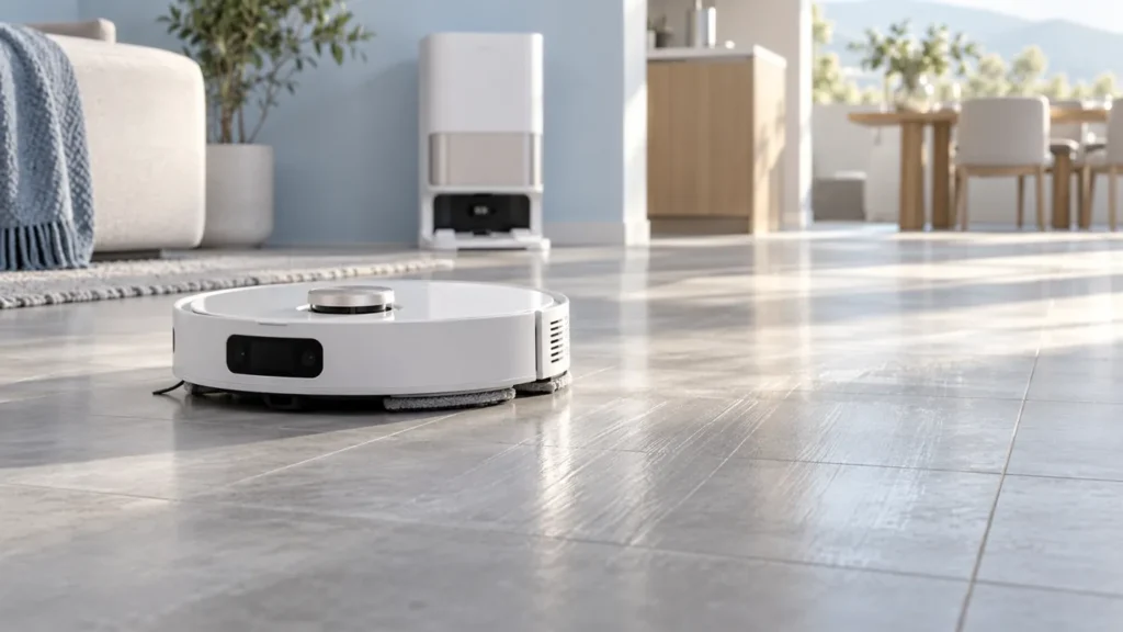 Robot vacuum on tile with visible mop streaks