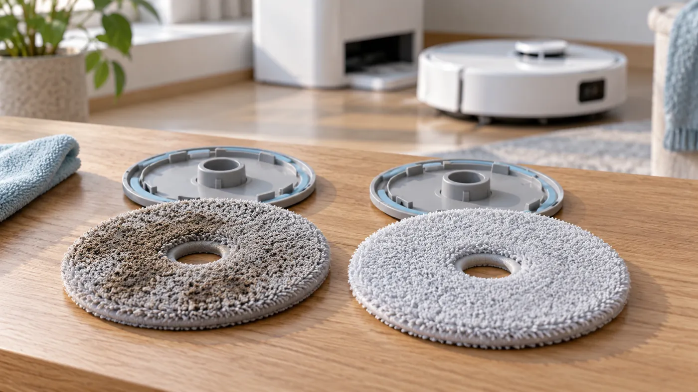 Soiled and clean fabric mop pads beside their holders