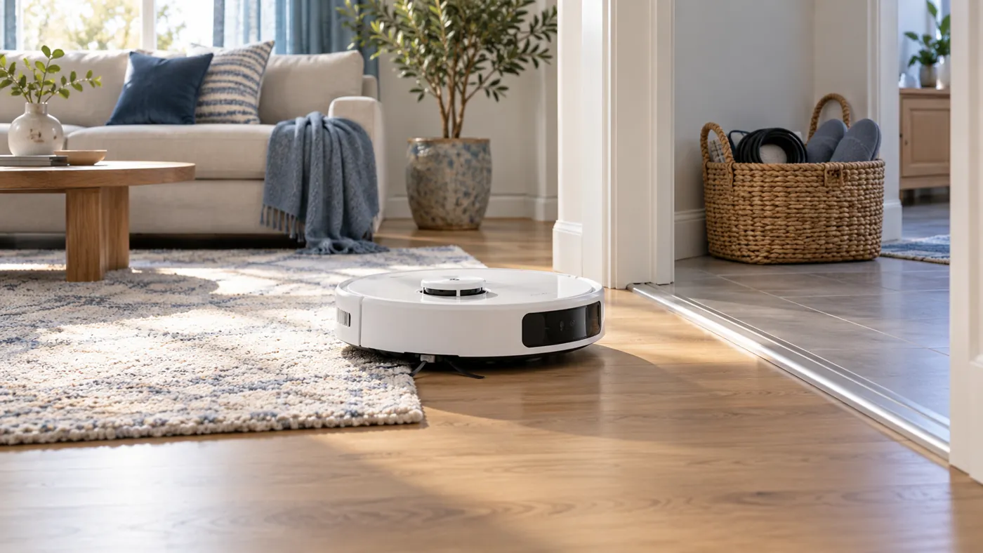 Robot vacuum near a rug edge and doorway with cables gathered away